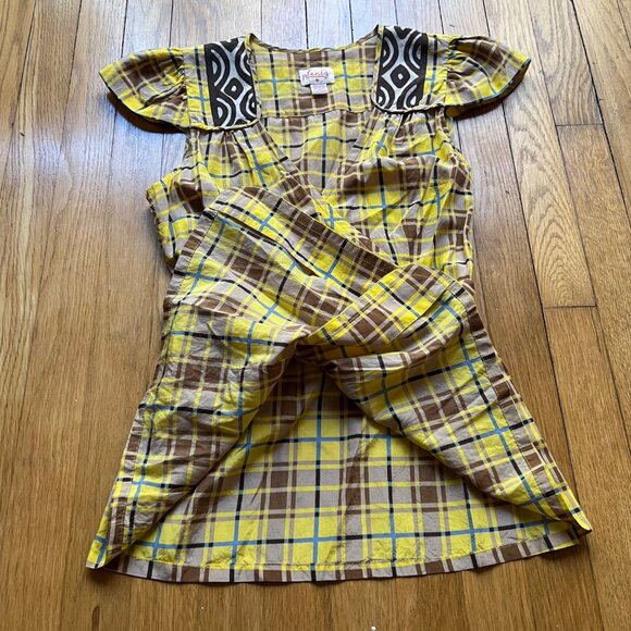 Plenty By Tracy Reese Size 4 Yellow Brown Plaid Silk Blend Cap Sleeve Blouse Top - Picture 9 of 13